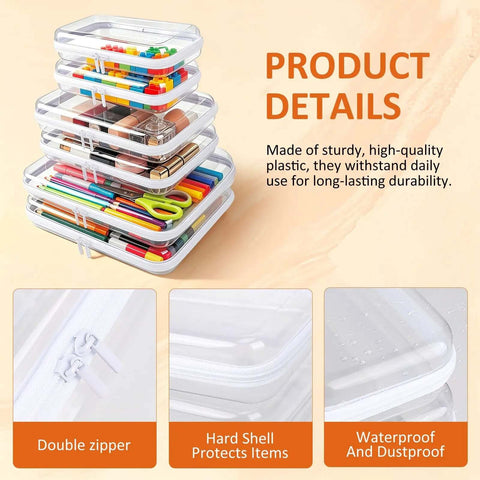 Six Pack Clear Hard Shell Zipper Pouches Waterproof Crush Resistant Storage Bags stacked with colorful stationary elements.