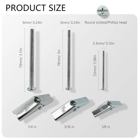 Heavy Duty Metal Drywall Anchor Kit With Toggle Bolts And Wing Nuts In Three Sizes 1/8 Inch 3/16 Inch And 1/4 Inch with screws.