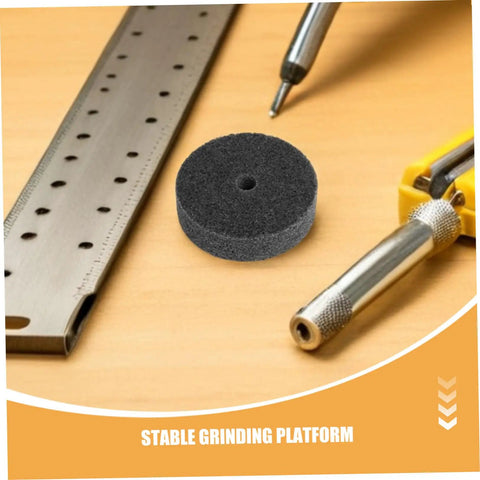 Six Pack Pro Nylon Polishing Wheels Set Featuring 75mm Size And 10mm Hole on a wooden surface with tools.