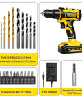 20 Volt Cordless Drill And Driver Combo Pack With Long Lasting Battery And Quick Charge Adapter showing drill, drill bits, and charger.