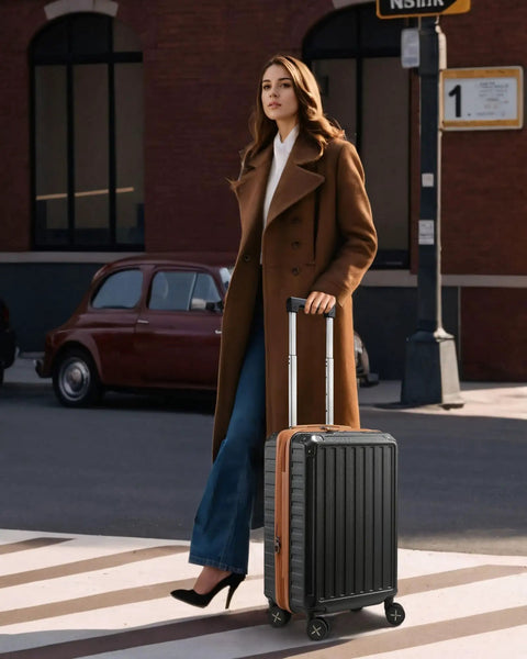 Woman with Your Go To 20 Inch Carry On Luggage Airline Approved Hard Shell Polycarbonate Case in urban setting