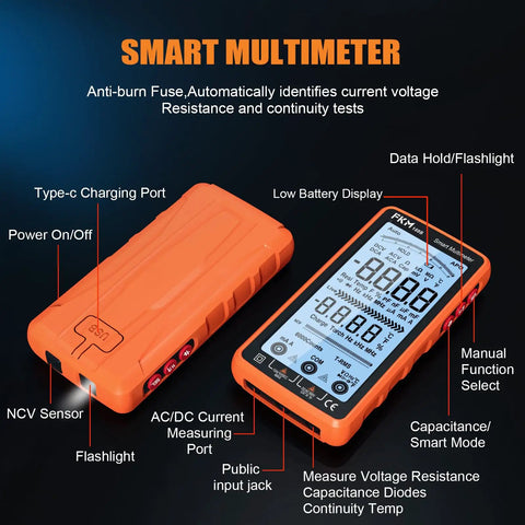 Beast Mode Rechargeable Digital Multimeter Tester With Auto Range TRMS 6000 Counts For AC DC Voltage And Current Temperature Resistance Capacitance Frequency Duty Cycle Continuity Diodes And Non Contact Voltage NCV Tester For Home Tech Projects. orange pocket digital multimeter with LCD, rear view and ports