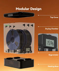 SP2 Filament Box Dryer With Rapid Heating To 70C, modular stackable design, showing top cover, drying chamber, hygrometer, heating base