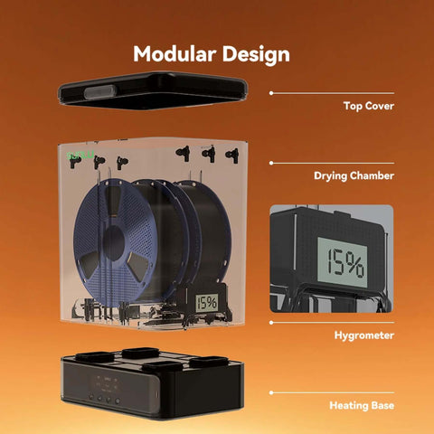 SP2 Filament Box Dryer With Rapid Heating To 70C, modular stackable design, showing top cover, drying chamber, hygrometer, heating base