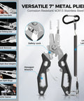 Close-up of 7-inch metal pliers with utility lanyard from Everyday Essential Sling Tackle Bag And Tool Set With Fishing Scale Waterproof