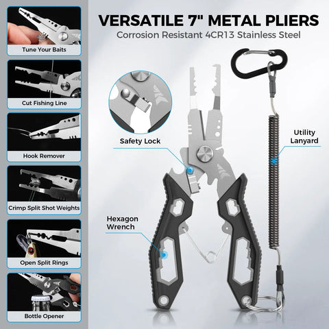 Close-up of 7-inch metal pliers with utility lanyard from Everyday Essential Sling Tackle Bag And Tool Set With Fishing Scale Waterproof