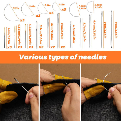 Various needles from Heavy Duty Upholstery Repair Kit With 54 Pieces Including Waxed Thread Leather Needles Stitching Awl Thimble