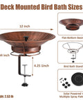 Deck Mount Bird Bath With Railing Clamp Solar Fountain 2 In 1 Feeder Vintage Brown dimensions and components displayed.