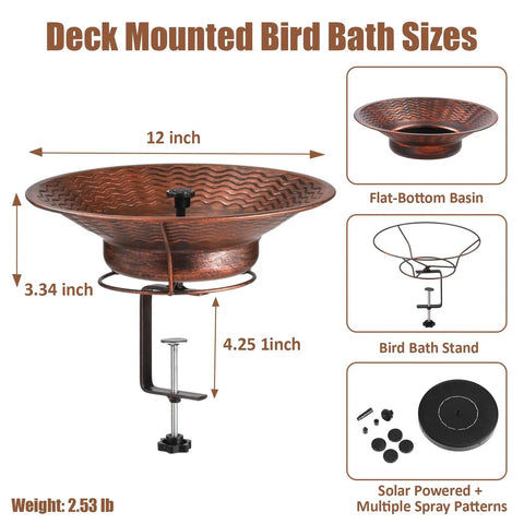 Deck Mount Bird Bath With Railing Clamp Solar Fountain 2 In 1 Feeder Vintage Brown dimensions and components displayed.