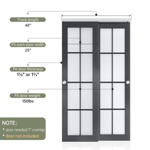 Bypass Double Sliding Pocket Door Hardware Kit 4ft Aluminum Track For 2 Door System, shown with dimensions, no door included