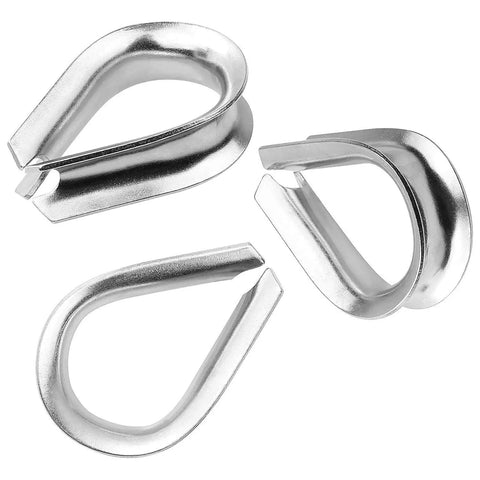 20 Pack 3/8 Inch Wire Rope Thimbles M10 304 Stainless Steel Rigging Sleeves in a close-up view showing six thimbles.
