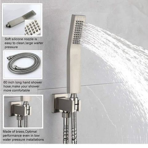 Top Notch Brushed Nickel Shower System With A 10 Inch Rain Head 3 Function Wall Mount Fixtures Waterfall Tub Spout Handheld Shower 60 Inch Hose Stainless Steel Brass Components For A Modern Bathroom showing handheld spray and hose