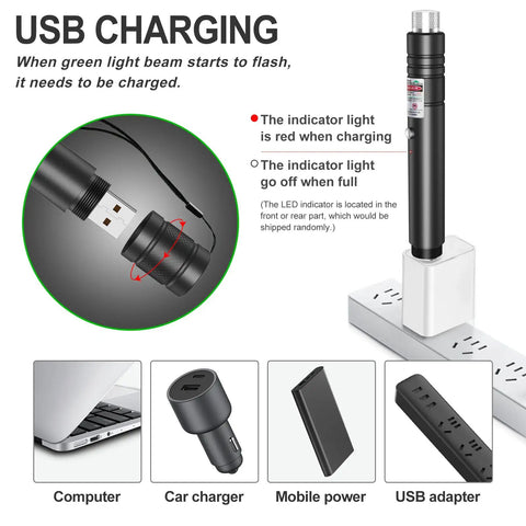 Beast Bright Long Range Green Beam Flashlight USB charging with various adapters, showing USB connection.