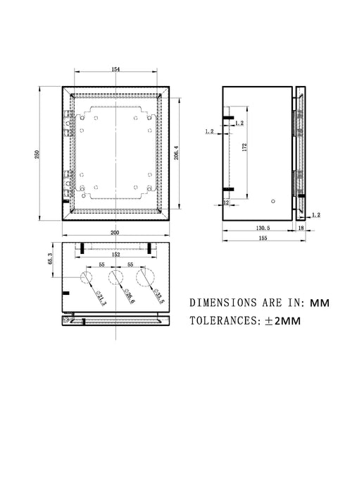 Technical drawing of IP65 Weatherproof Stainless Steel Wall Mount Enclosure Box With Mounting Plate And Wall Bracket Measuring 10x8x6 Inches For Indoor Outdoor Electrical Controls NEMA 4 Rated Tough Durable And Ready, showing dimensions and tolerances in millimeters.