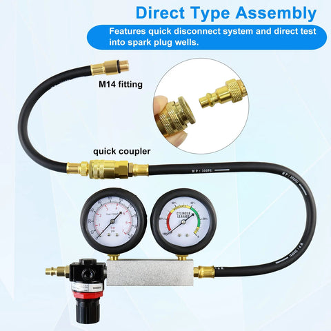 Front view: JoyFans cylinder leak-down tester kit with dual gauges, brass quick-connect fittings and black hoses