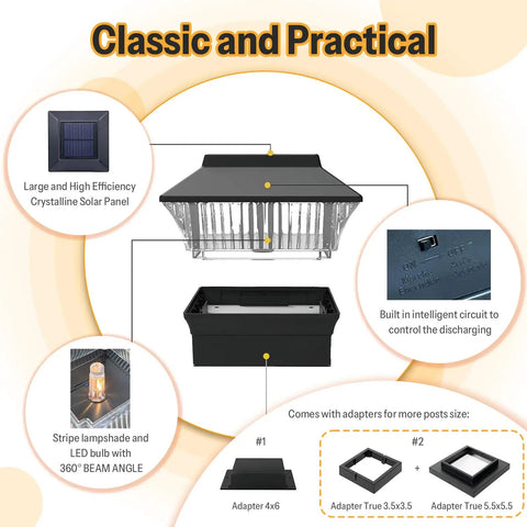 Diagram of 8 Pack Solar Post Cap Lights for Flat Surfaces and 4x4 Vinyl Posts Also Fits 4x6 Wood with adapters and features
