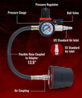 Turbo Boost Leak Tester Kit front view with pressure gauge, regulator, hose and 10-piece adapter set 1 3/8–3 1/2 in