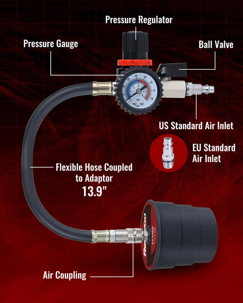 Turbo Boost Leak Tester Kit front view with pressure gauge, regulator, hose and 10-piece adapter set 1 3/8–3 1/2 in