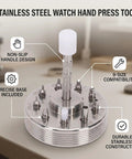 9 Sizes Stainless Steel Watch Hand Press Tool with non-slip handle and stable base platform on workbench