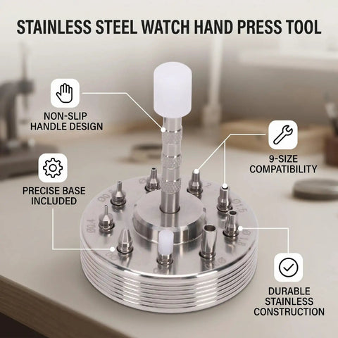 9 Sizes Stainless Steel Watch Hand Press Tool with non-slip handle and stable base platform on workbench