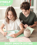 Children using 8 Pack Mini Box Cutters for Packages and Projects, Safe Retractable Utility Knife for crafts at a table.