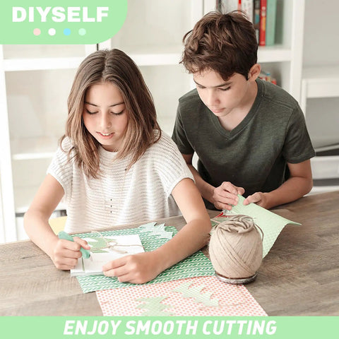Children using 8 Pack Mini Box Cutters for Packages and Projects, Safe Retractable Utility Knife for crafts at a table.
