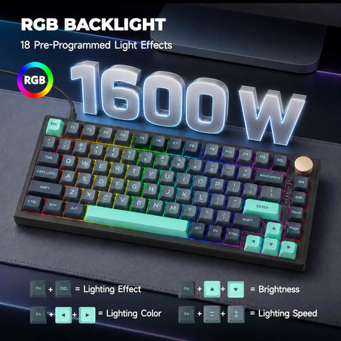 Top Shelf 75 Percent Wired Mechanical Gaming Keyboard With Rgb Backlit Keys And Slick Metal Media Dial For A Clean Desk Setup and 1600W backlight effects.