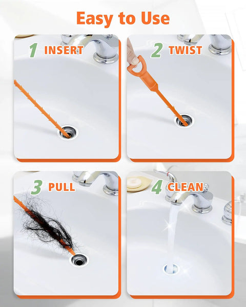 Heavy-Duty 25-Inch Drain Clog Remover Kit For Hair Buildup, Plumbing Snake With Easy Grip Handle, Shower Drain Cleaner And Hair Catcher For Most Drains, Fast Unclogging, No-Fuss Poly Construction, 6 Pack in sink drain use steps