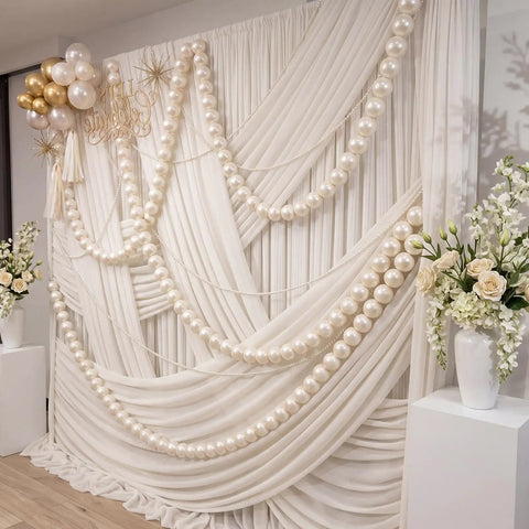 100 Quick Link Pearl Balls Garland Set 2.2 Inch Pearlescent White Beads, 16.4ft Pearl Bead Garland With Elastic Thread And Needle For Easy DIY Backdrops, Wall Arches, Weddings And Party Decor on white draped backdrop
