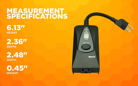 Outdoor Plug In Digital Timer With Weatherproof Housing Featuring Built In Photocell Light Sensor For Patio And Garden Illumination Automatic Dusk To Dawn Toggle Zero Sweat Single Button Setup Yard Ace shown with measurement specifications.