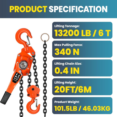 Heavy Duty Manual Chain Winch Lever Hoist 13200 Lbs with specifications and orange body