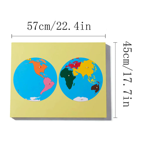 Montessori Wooden World Map Puzzle Set 23 Inch, 8 Geography Puzzles World USA Canada Europe Asia Africa North And South America With Control Cards, Kid Friendly Gift For Kids And Homeschool Learning Materials showing colorful pieces on board, dimensions 57cm by 45cm.
