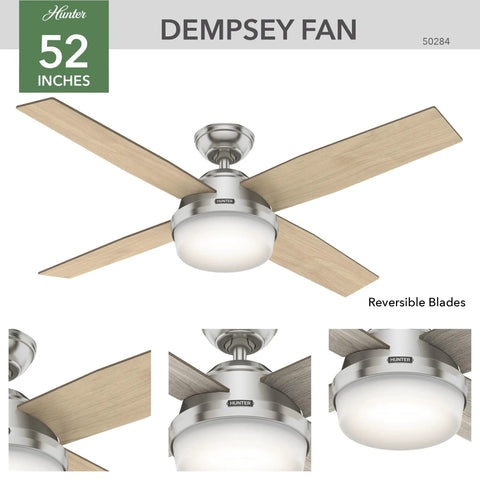 52 Inch Indoor Ceiling Fan With LED Light And Remote Brushed Nickel Finish Four Light Gray Oak Blades Modern Yet Totally Quiet Ceiling Fan For Bedroom Living Room Or Kitchen