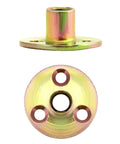 Top Shelf 3/8 16 Round Base T Nuts 25 Piece Set Heavy Duty Carbon Steel Flange Inserts For Furniture Crafting And Woodworking Builds Tough Nickel Coating Quick Install And Rock Solid Hold showing top and bottom views of nickel-coated T-nut.