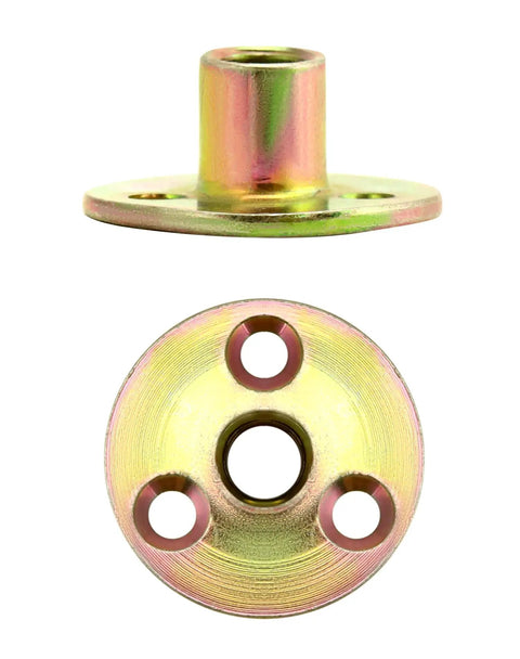 Top Shelf 3/8 16 Round Base T Nuts 25 Piece Set Heavy Duty Carbon Steel Flange Inserts For Furniture Crafting And Woodworking Builds Tough Nickel Coating Quick Install And Rock Solid Hold showing top and bottom views of nickel-coated T-nut.