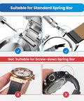 Must Have All In One Watch Band Repair Kit With Spring Bar Tool And Link Removal Tool 56 Stainless Steel Spring Bars For 16 26mm Bands Includes Handy User Manual Durable Waterproof Build For Replacing Straps And Adjusting Links showing compatible tools for standard spring bar and warning for screw-down spring bar