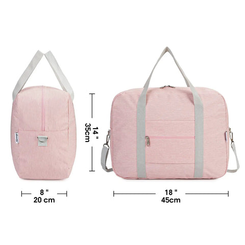 30L Foldable Personal Item Duffel Bag 18x14x8 Inches Pink With Shoulder Strap side and front view dimensions