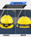 Yellow hard hat with front and back view showing Hard Hat Light Clips 20 Pack For Headlamps Cap Style Helmet Mounts With Anti Slip Buckle