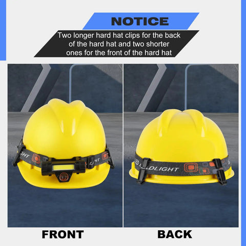 Yellow hard hat with front and back view showing Hard Hat Light Clips 20 Pack For Headlamps Cap Style Helmet Mounts With Anti Slip Buckle