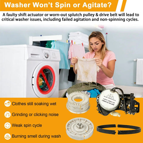 Washer Drive System Repair Kit With Shift Actuator W10913953 And Splutch Pulley Cam W10721967 Plus Drive Belt W10006384 For Whirlpool Maytag Kenmore Top Load Washers That Gets Your Agitation And Spin Back On Track, top-load repair parts shown
