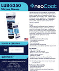 neoCoat LUB-S350 silicone grease packaging, details on silicone grease 6g pack for O rings and seals in faucets and valves.