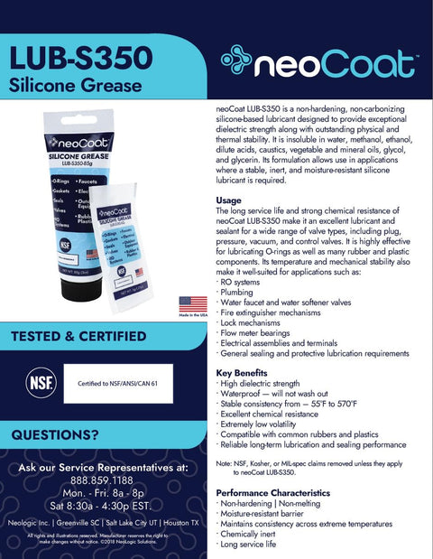 neoCoat LUB-S350 silicone grease packaging, details on silicone grease 6g pack for O rings and seals in faucets and valves.