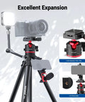 Travel Tripod For Camera And Phone, 66.5 Inch Tall Aluminum Stand With Ball Head Arca Type Quick Release Plate TP12 in use