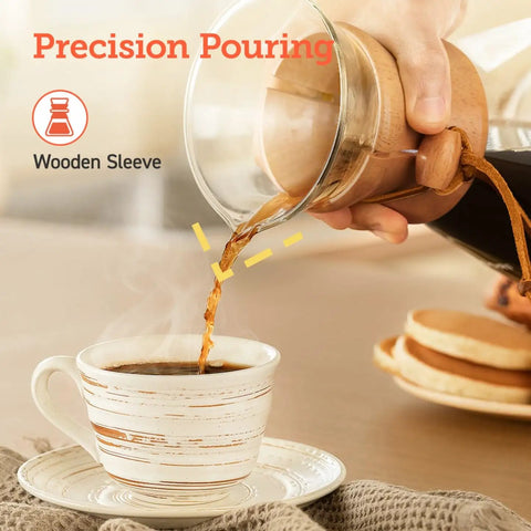 Pour Over Coffee Maker With Double Layer Stainless Steel Filter For Rich, Smooth Flavor, 8 Cup 34oz Drip Brewer with coffee pouring into cup.
