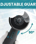 Adjustable guard on cordless 3 inch angle grinder with 12V brushless motor portable cutoff tool kit, angle shown at 90 degrees.