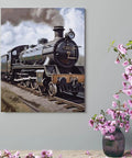 Steam Locomotive Train Wall Art Canvas Print For Bedroom Office Bathroom Living Room Hallway Lightweight Framed Poster Available In 8x10 And 16x20 Inches With Vibrant Colors And Textured Look, showing black steam engine on track with flowers.