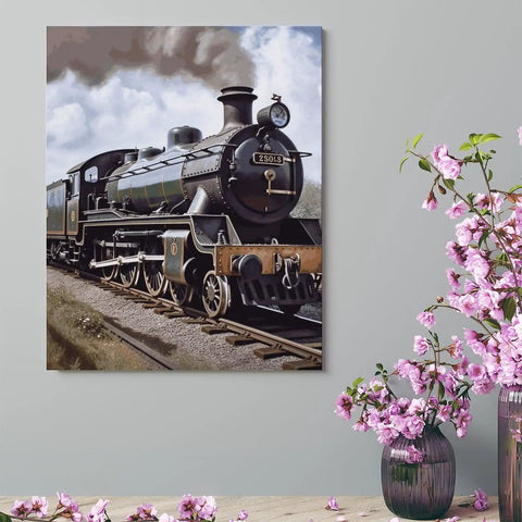 Steam Locomotive Train Wall Art Canvas Print For Bedroom Office Bathroom Living Room Hallway Lightweight Framed Poster Available In 8x10 And 16x20 Inches With Vibrant Colors And Textured Look, showing black steam engine on track with flowers.