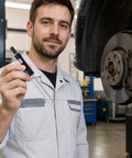 Stainless Steel Brake Pad Thickness Gauge Pen Style Brake Measure Tool No Hassle Wear Check For Garage Crews And Home Mechanics Quick Calibrated Scale Direct Measurement displayed by mechanic.