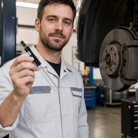 Stainless Steel Brake Pad Thickness Gauge Pen Style Brake Measure Tool No Hassle Wear Check For Garage Crews And Home Mechanics Quick Calibrated Scale Direct Measurement displayed by mechanic.