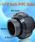 Close-up of PVC slip union coupling adapter with measurement details for easy maintenance and plumbing repairs in systems.